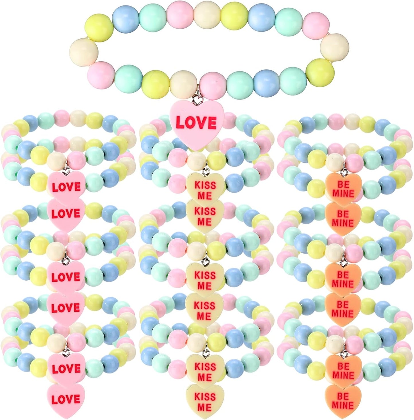 Huquary Happy Birthday Candy Bracelets Bulk Summer Candy Heart Bracelet Gift Plastic Beads Jewelry Love Heart Charm for Birthday Gift Exchange Party Favors BST326L