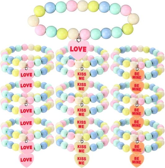 Huquary Happy Birthday Candy Bracelets Bulk Summer Candy Heart Bracelet Gift Plastic Beads Jewelry Love Heart Charm for Birthday Gift Exchange Party Favors BST326L