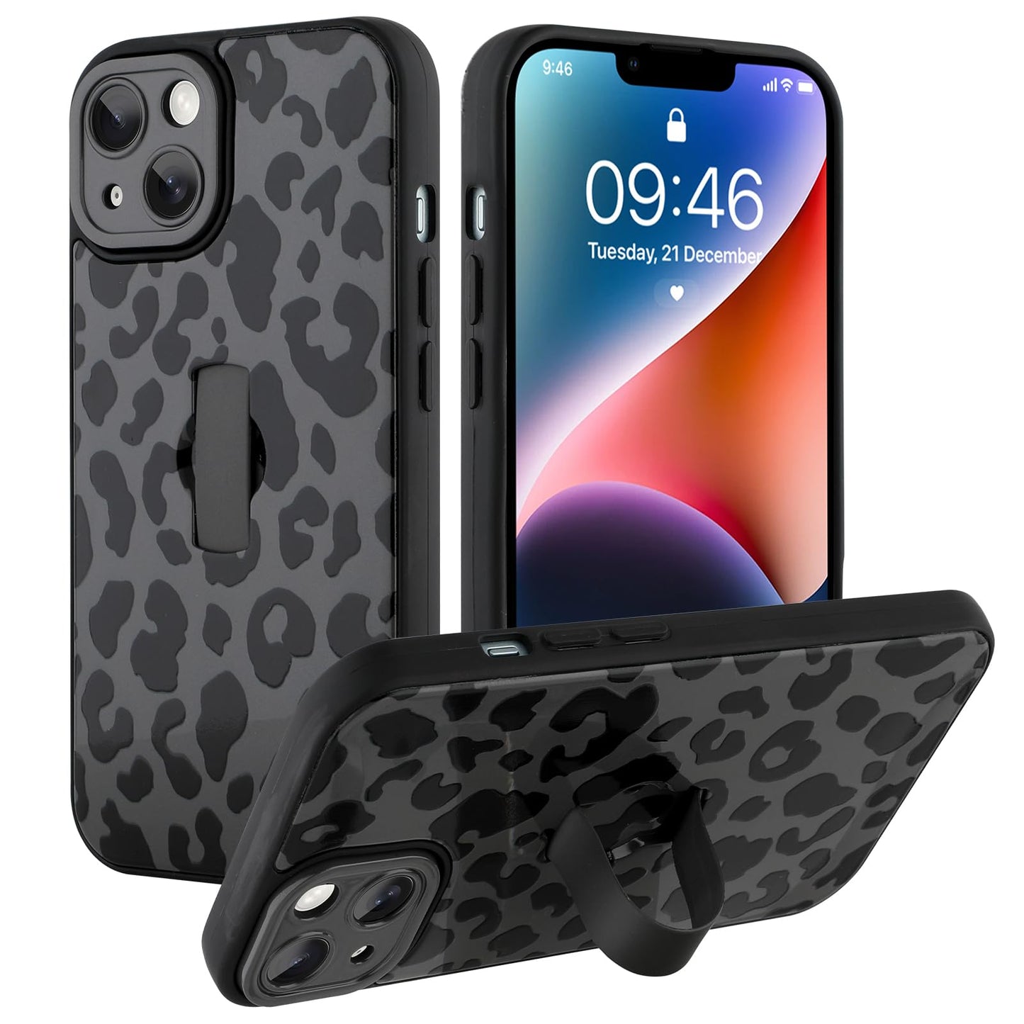 Compatible with iPhone 13 Case, Cute Cheetah Leopard Pattern | Built in Adjustable Wrist Strap Grip Hand Holder Stand Shockproof Kickstand Cover for Women Girls (Black White) WN420