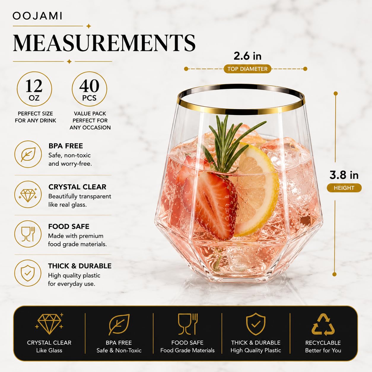 Oojami 40 Pack Diamond Disposable Plastic Wine Glasses 12oz for Parties | Stemless Wine Cups, Champagne Cocktail Whiskey - Shatterproof Unbreakable Reusable Recyclable BPA-Free, Weddings Birthday BST220
