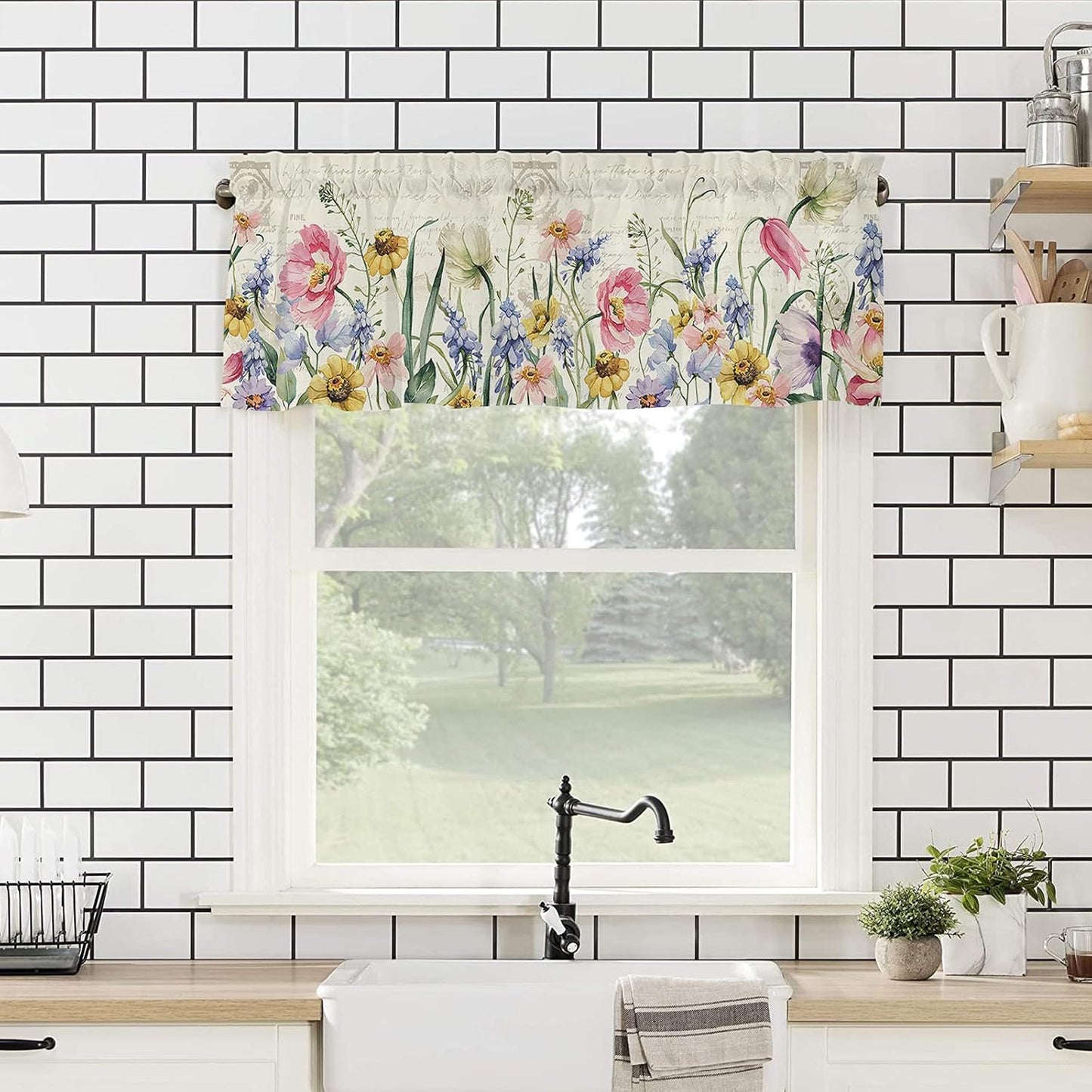 Spring Curtain Valances for Windows, Retro Wild Plants Flowers Rod Pocket Valance Window Treatments Botanical Short Curtains for Kitchen Bathroom Living Room 54 x 18 Inches, 1 Panel BST326H