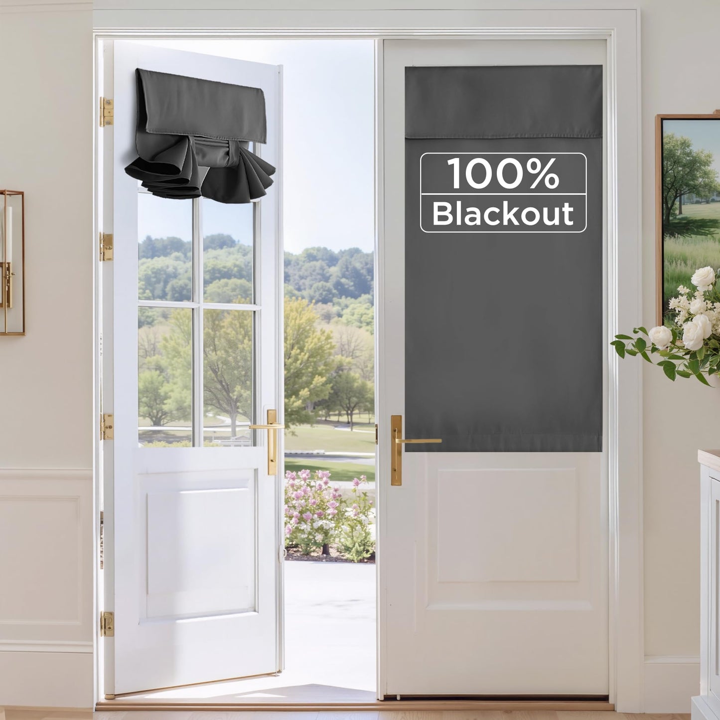 RYB HOME 100% Blackout French Door Curtains for Door Window - Room Darkening No Coating Thermal Insulated Privacy Protection Adhesive Cover for Glass Window, W 26 x L 40, 1 Panel, Black BST220