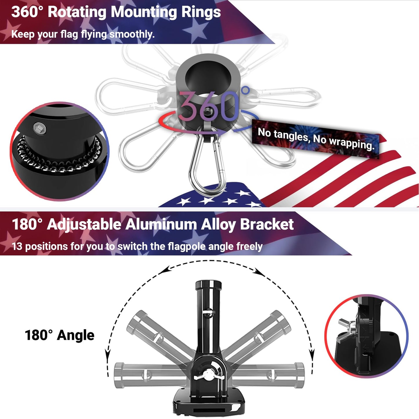 Sprookber 5ft Solar Light Flag Pole kit with American Flag – 180°Adjustable Bracket and Tangle Free Rings, Stainless Steel FlagPoles for Outside House, Residential or Commercial use, Silver WN420