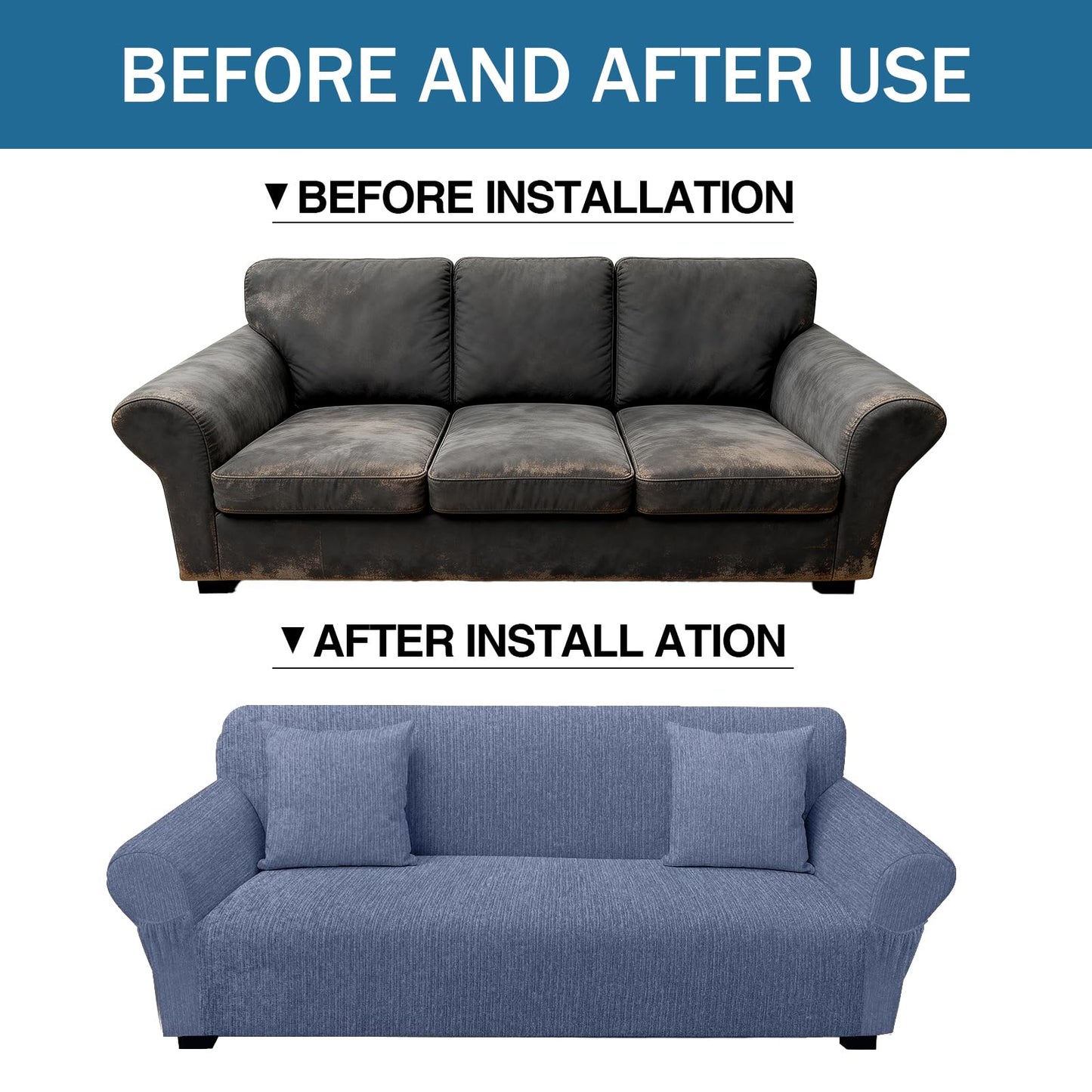 Sofa Slipcover with 2 Pillow Cover for 3 Cushion Couch, Non Slip Furniture Protector with Elastic Bottom, Washable Sofa Cover for Kids, Pets (Sofa, Navy) BST326H