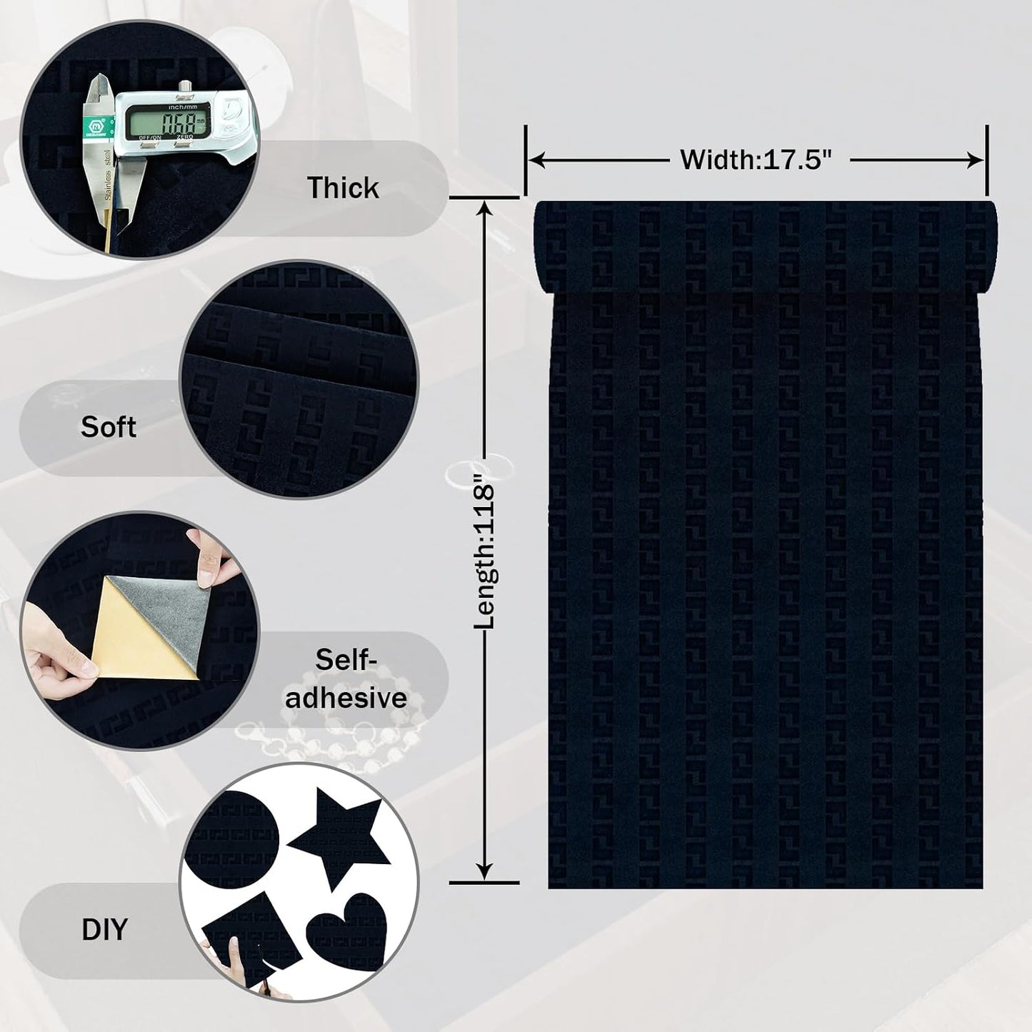 Black Geometric Flocked Velvet Wallpaper Peel and Stick Self Adhesive Soft Felt Contact Paper Removable Luxury Velvet Flocking Liner for Bedroom Wall Cabinets Drawer Liner Crafts 17.5"x118" BST220