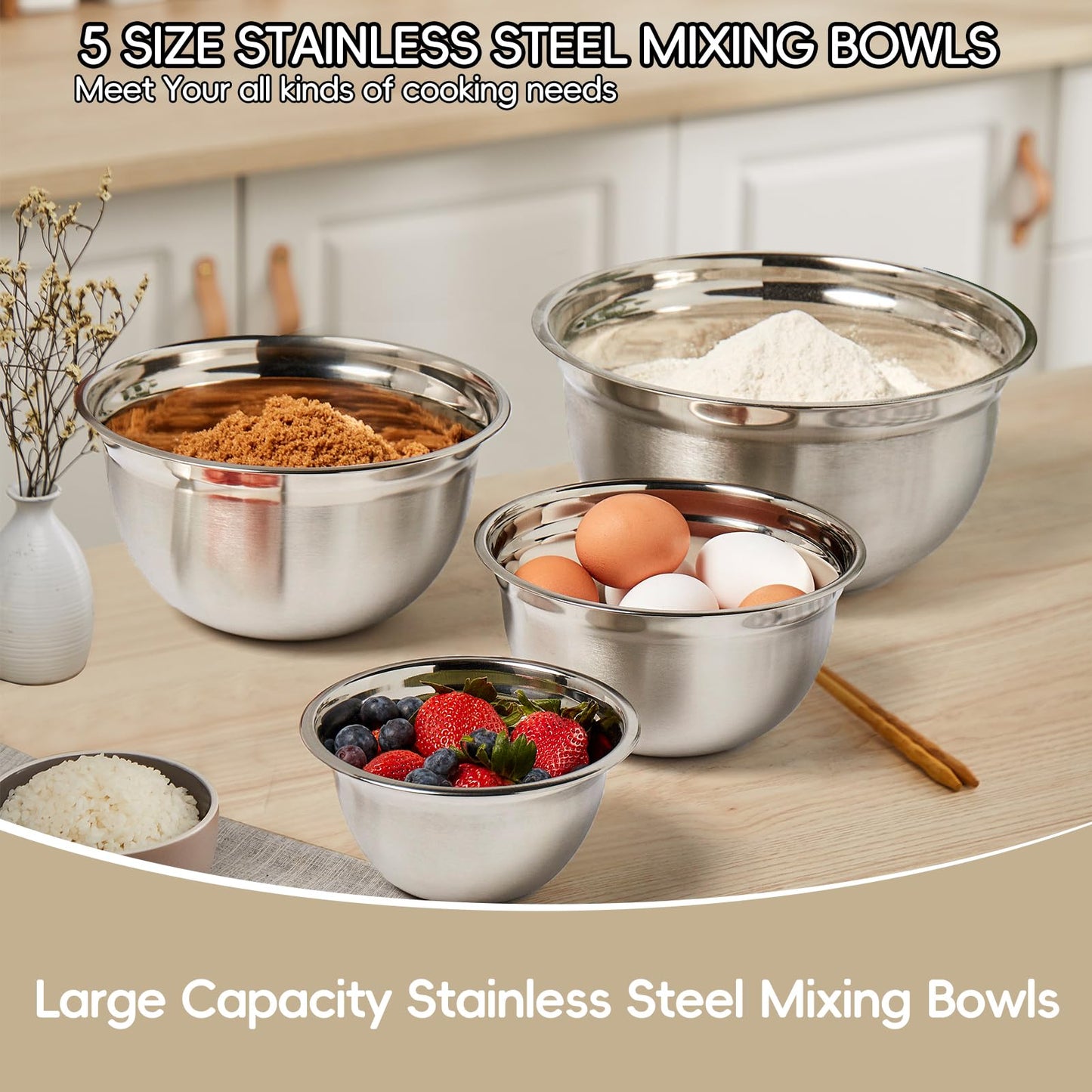 WEPSEN Mixing Bowls Set, 25PCS Stainless Steel Mixing Bowl with Lid Set, Large Nesting Bowls 7, 4.5, 3,2, 1.5QT, Measuring Cups and Spoons Baking Utensils Metal Bowl for Kitchen Prep BST220