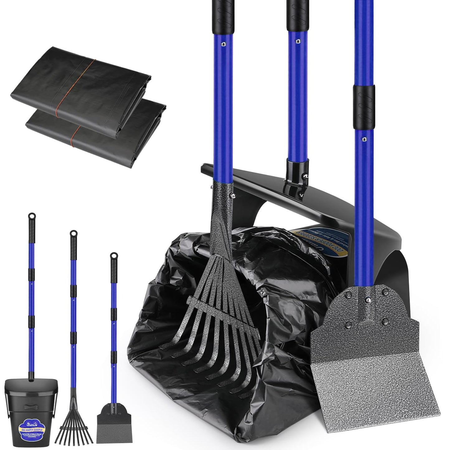 SlowTon Dog Pooper Scooper - 37.4" Long Metal Handle Adjustable Rake & Spade & Swivel Bin with 10 Waste Bags, Portable Pooper Scooper N3233