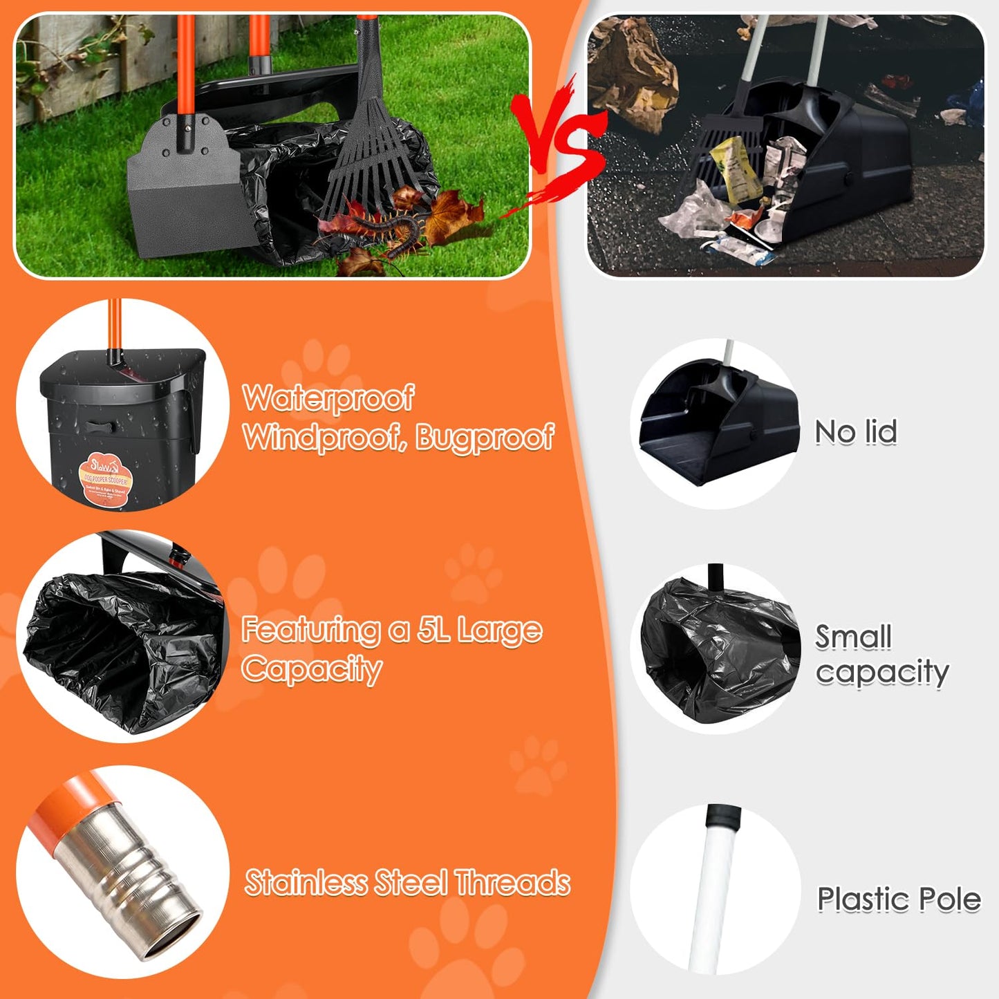 SlowTon Dog Pooper Scooper - 37.4" Long Metal Handle Adjustable Rake & Spade & Swivel Bin with 10 Waste Bags, Portable Pooper Scooper N3233