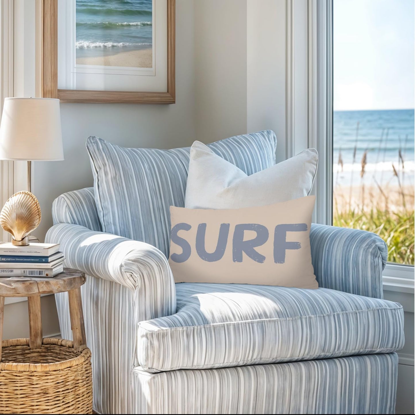 Coastal Beach Girly Room Decor 12x20 Pillow Cover, Preppy Beach Navy Blue Bikini Striped Decorative Lumbar Pillow Covers for Girls Bedroom College Dorm Sofa Couch BST326L