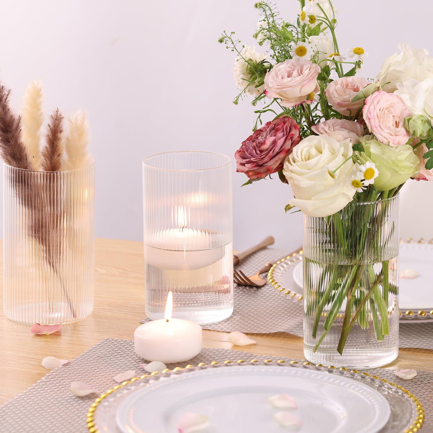 Glass Ribbed Cylinder Vases, 8 Inch Tall, Clear, Pack of 3 | Flower Vases in Bulk, Hurricane Floating Candle Vases, For Party Home Decor BST326H