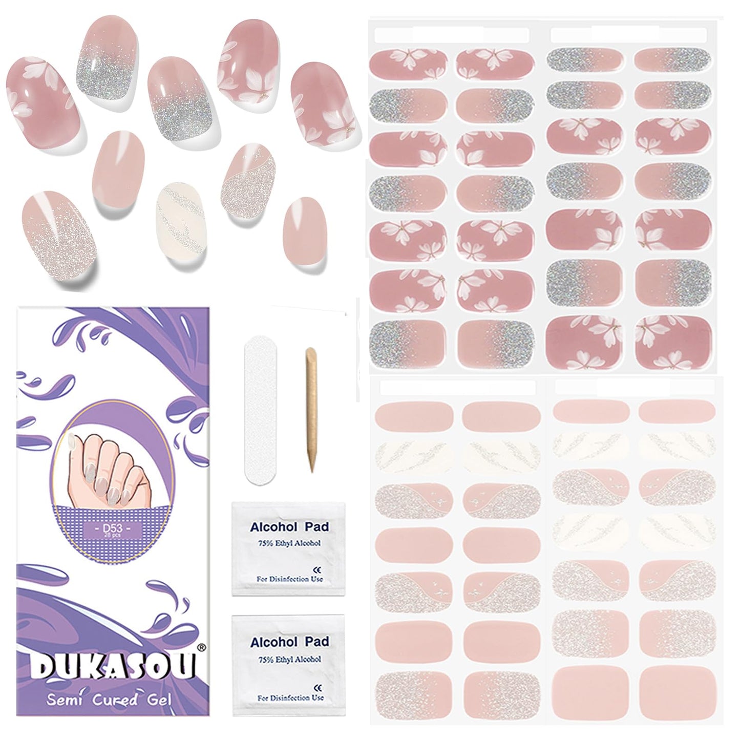 Semi Cured Gel Nail Strips, 56Pcs Nail Art Stickers/Wraps, Long Lasting UV Nail Polish Strips for Adults (Silver Rhinestones+French Tip Glitter) BST220