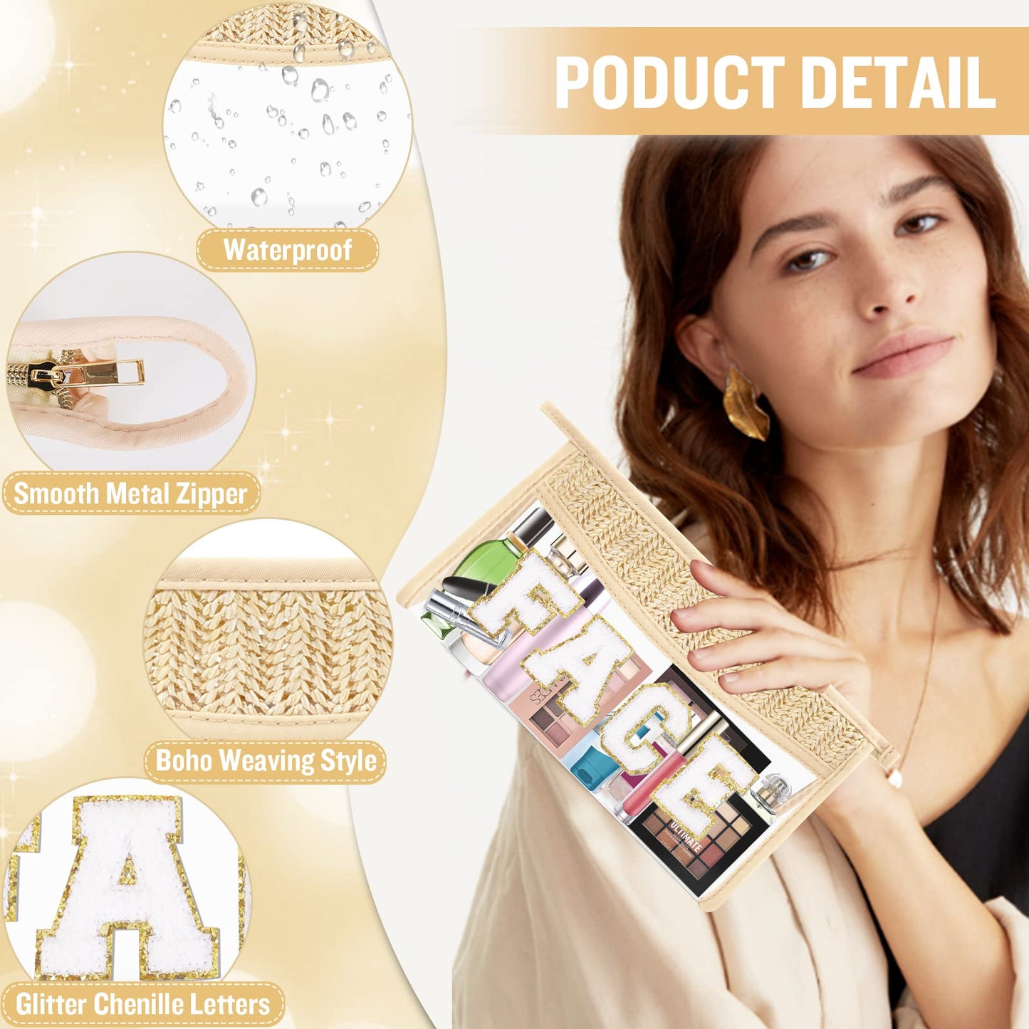 Boho Clear Makeup Bag Cosmetic Zipper Pouch Purse, Clear Toiletry Bags Travel Small Preppy Cute DIY Chenille Letter Bag, Transparent PVC Waterproof Clutch Make Up Organizer Storage Bag for Women Girls BST220