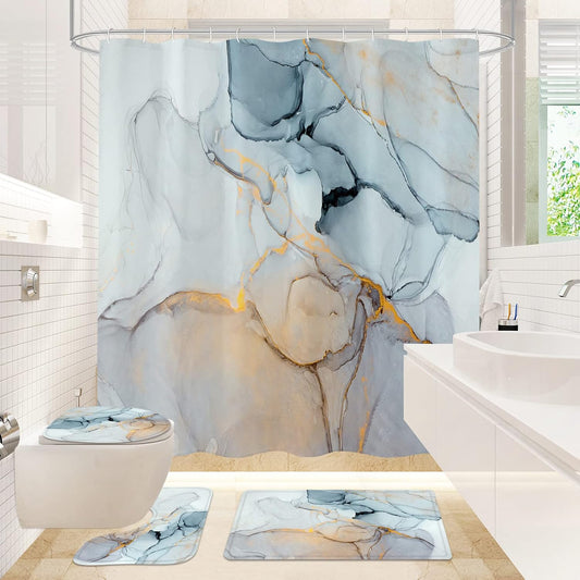 Gibelle 4 Pcs Bathroom Shower Curtain Set with Non-Slip Rugs, Toilet Lid Cover and Bath Mat, Grey Blue Marble Bathroom Decor Set with Shower Curtain and Rugs and Accessories BST326H