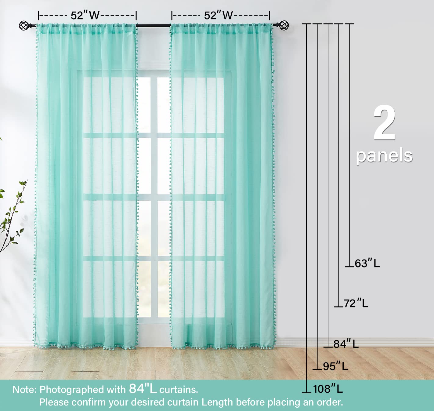 Treatmentex Pom-Pom Grey Sheer Curtains for Bedroom 63" Window Drapes Rod Pocket Textured Sheer Curtain for Kids Room 52" w 2 Panels BST202