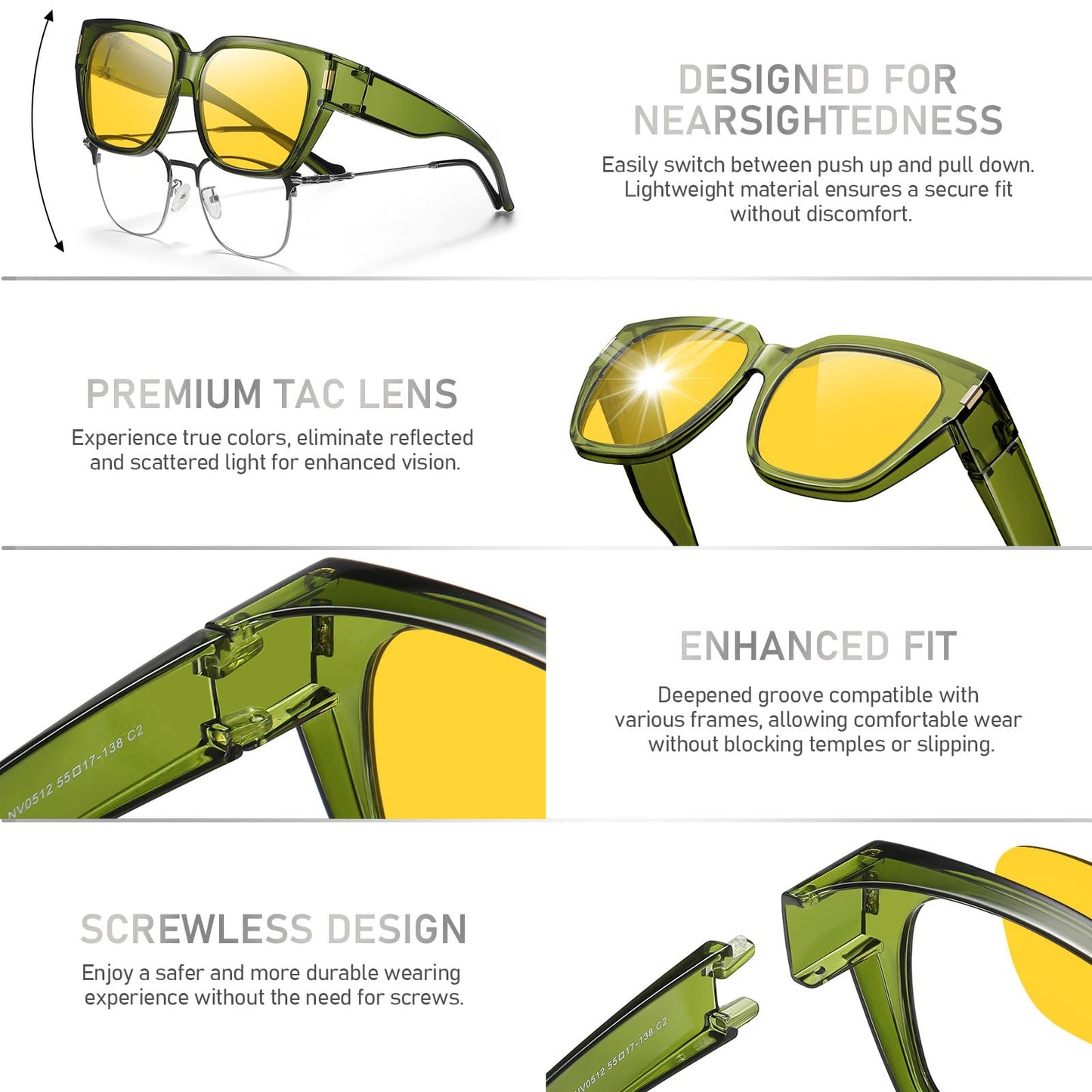 HAOLOTA Night Vision Driving Glasses Fit Over Glasses for Women Men, Anti Glare Polarized Nighttime Yellow Lens WN420