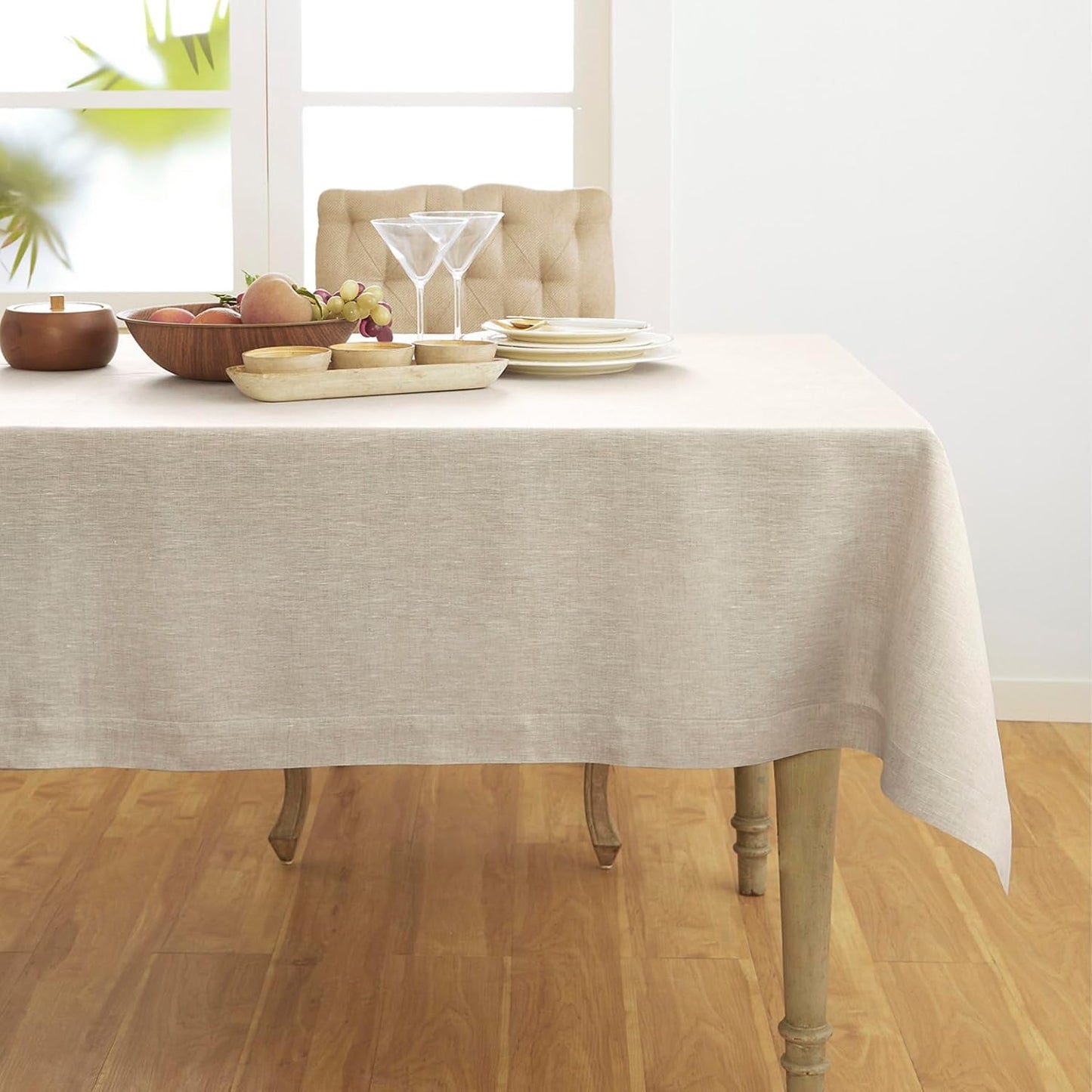 Solino Home 100% Pure Linen Table Cloth, Throw Natural, Athena 52 x 52 in | Linen Tablecloth a neat topper for bistro, card and side tables | softly textured weave | Light Natural | OEKO-TEX Certified BST326SOLH