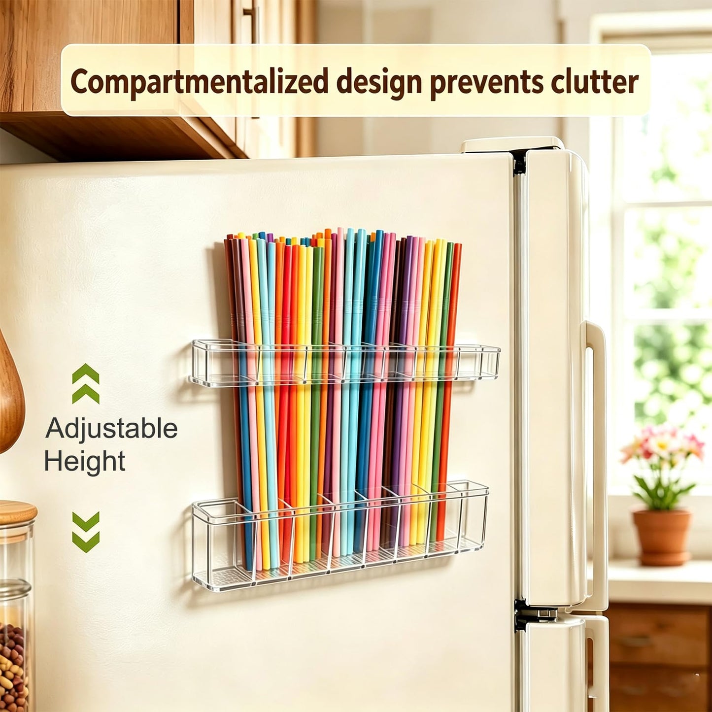 9.8 inch double-layer removable and washable Large Acrylic Cabinet Straw Holder Organizer with Traceless Nano Adhesive – Space-Saving Storage Rack for Cabinet Door, Clear Black Straw Cabinet Holder BST202