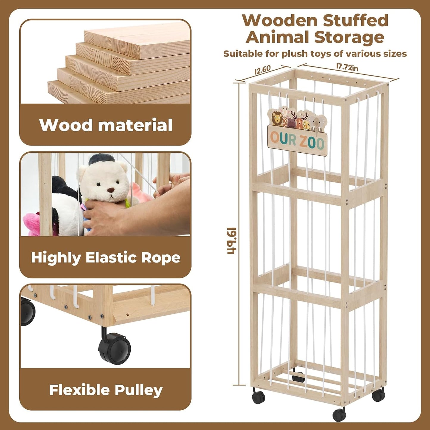Stuffed Animal Zoo Storage with Wheels, Mobile Wooden Toy Organizer Cage with Elastic Band, Easy Assembly Large Capacity for Nursery Playroom Bedroom BST326H