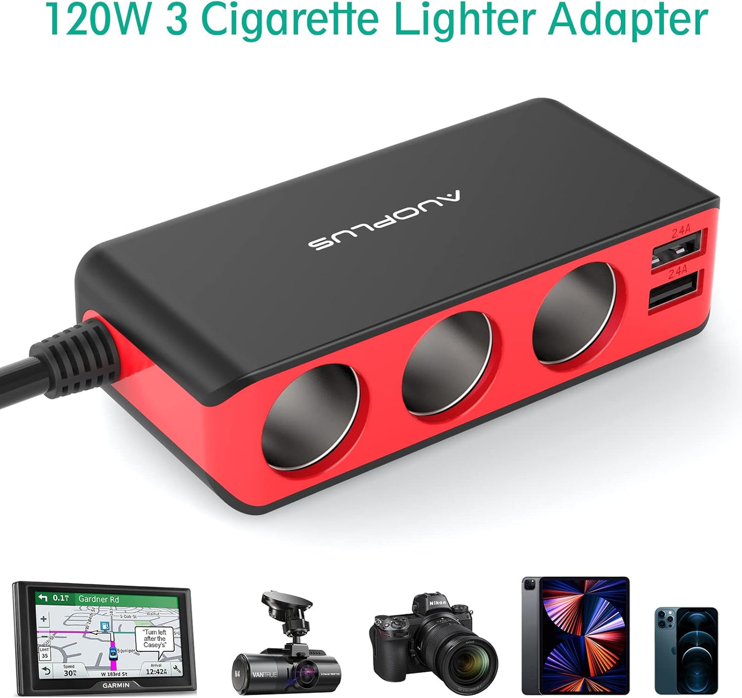 AUOPLUS 120W 3 Socket Cigarette Lighter Splitter Car Charger Adapter 31