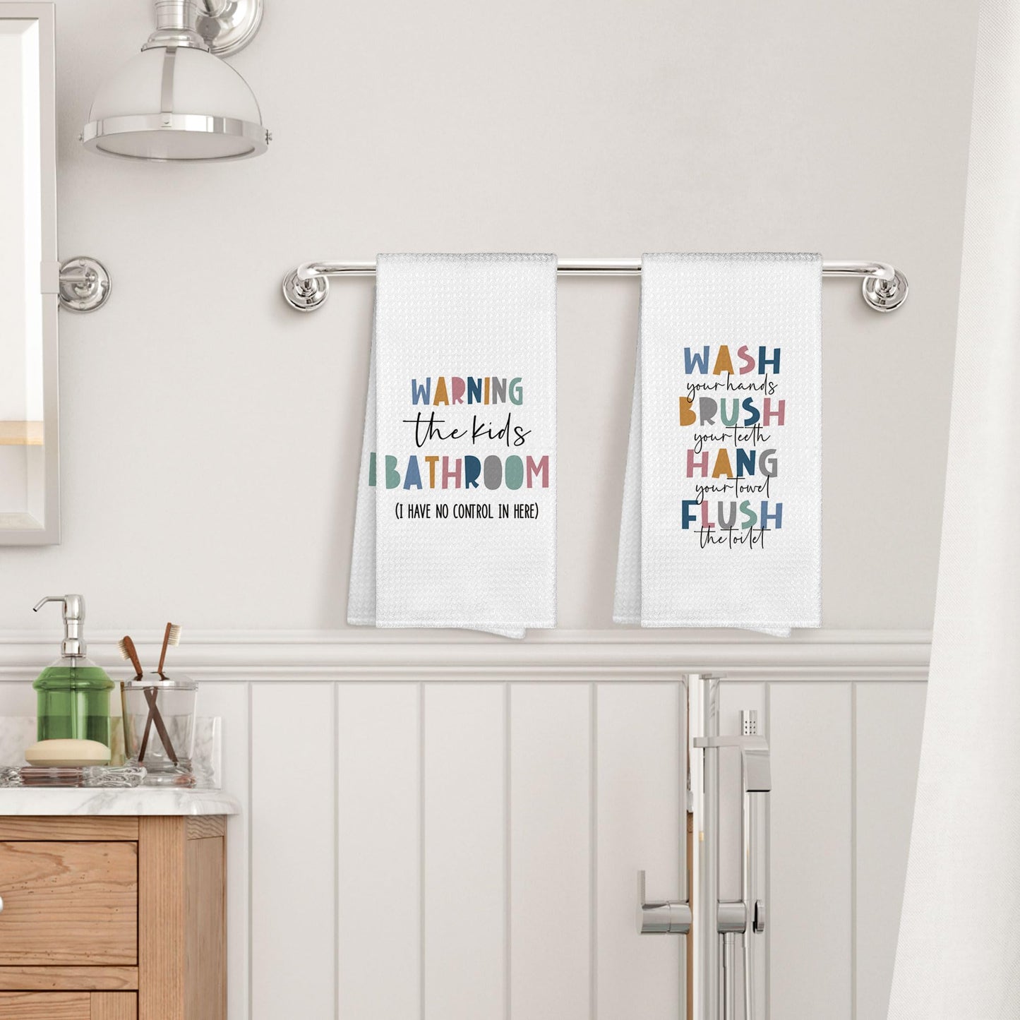Kids Nursery Bathroom Decor Hand Towels 16x24 Set of 2, Wash Hands Brush Teeth Decorative Towels Gifts for Kids Baby Toddlers, Boho Flush Toilet Bathroom Kitchen Hand Towel Decor BST220
