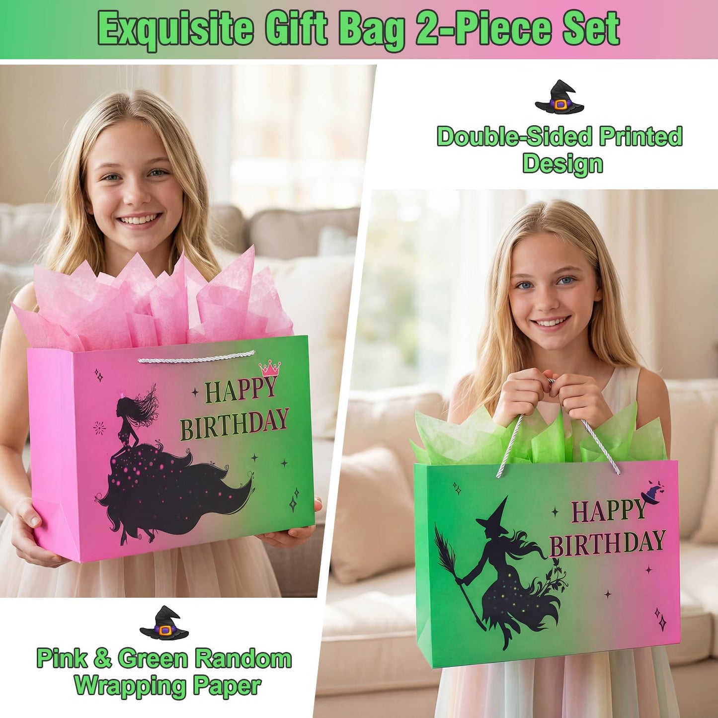 Kecorax Birthday Gift Bag for Women, 14" Large Birthday Bags Set for Girls with Tissue Paper, Card and Ribbons, Suitable for Birthday-themed Parties BST220