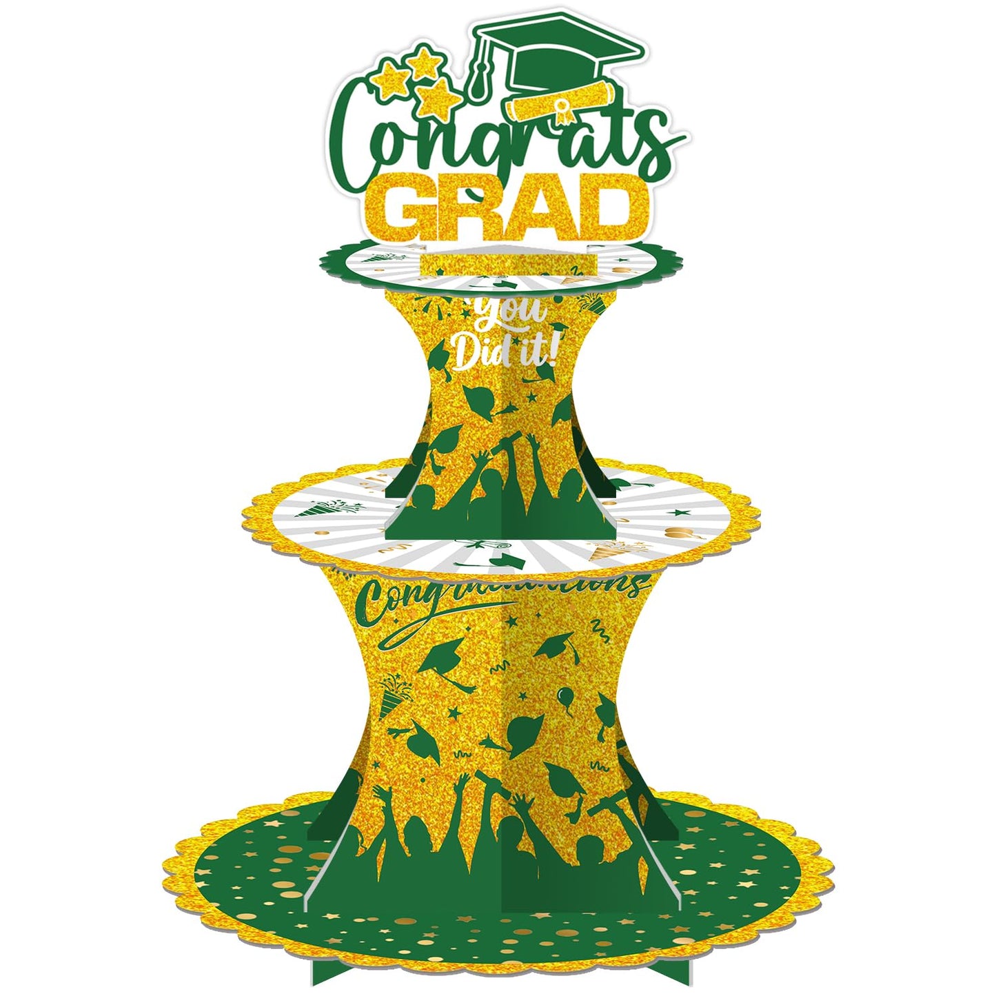 Graduation Cupcake Stand Decoration, 3 Tier Congrats Grad Party Cupcake Holder Tower, Cardboard Grad Theme Dessert Cookies Stand for Graduation Party Supplies Favors (Black & Gold) BST220