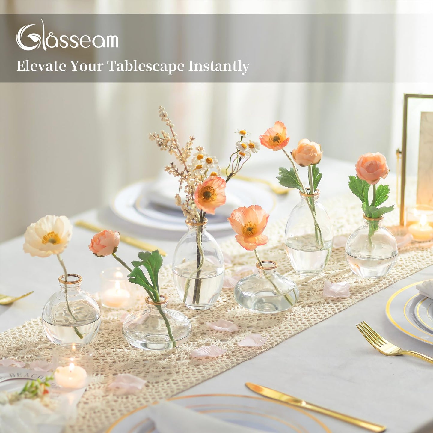 Glasseam Clear Glass Bud Vase, 3Pcs/Set Modern Decorative Small Mini Flowers Vases Short Minimalist Aesthetic Home Decor Vintage Cute Handmade Tiny Wedding Table Centerpieces for Single Flower Rose BST326H