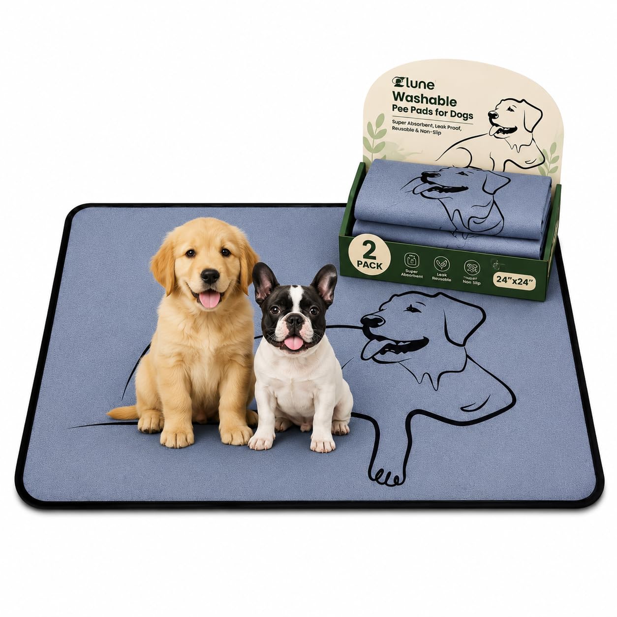 2 Pack Washable Pee Pads for Dogs 24"x24", Reusable Training Puppypads Absorbency Non-Slip & Leak-Proof for Pet Whelping Box Playpen Crate Sofa Bed Floors (Gray)