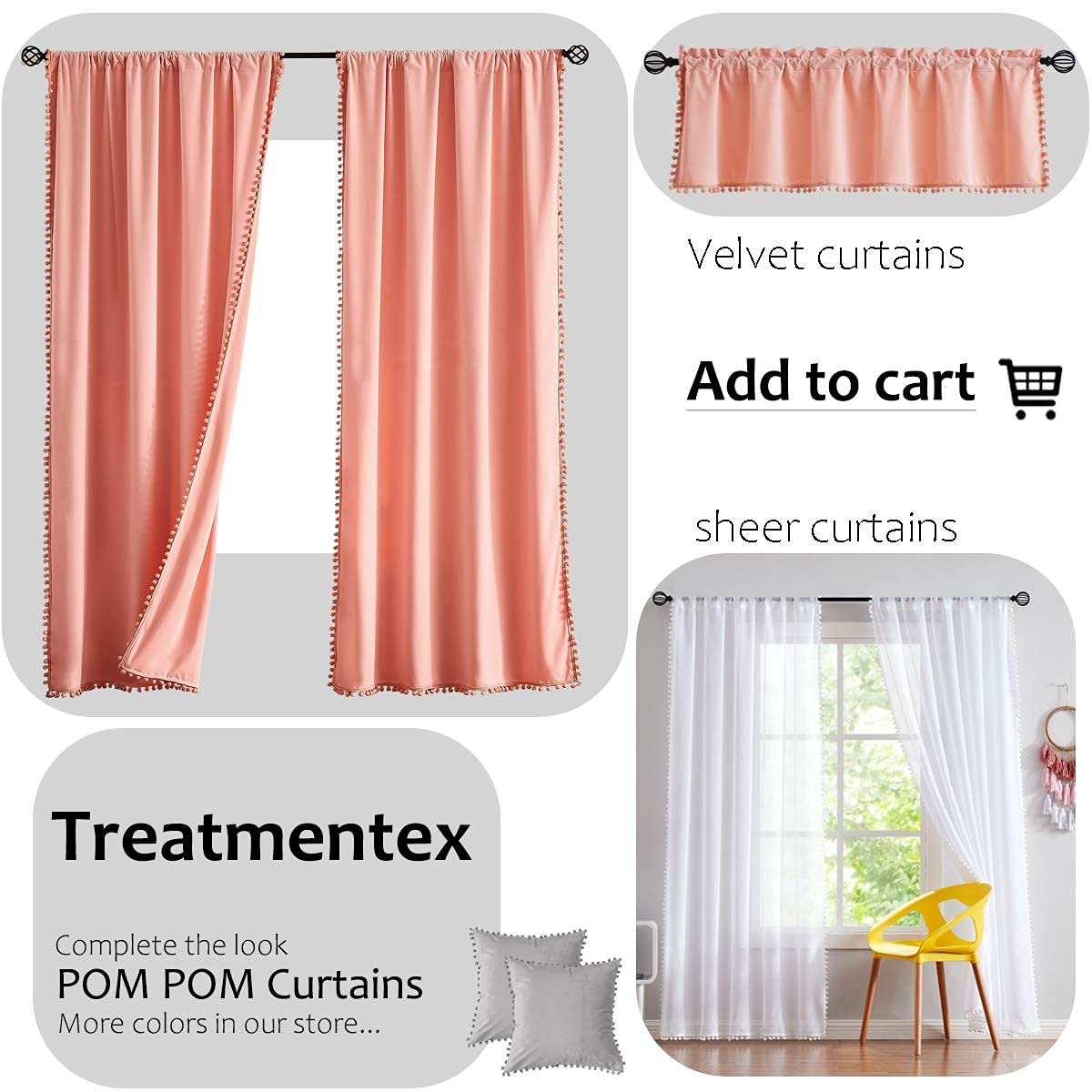 Treatmentex Pom-Pom Grey Sheer Curtains for Bedroom 63" Window Drapes Rod Pocket Textured Sheer Curtain for Kids Room 52" w 2 Panels BST202