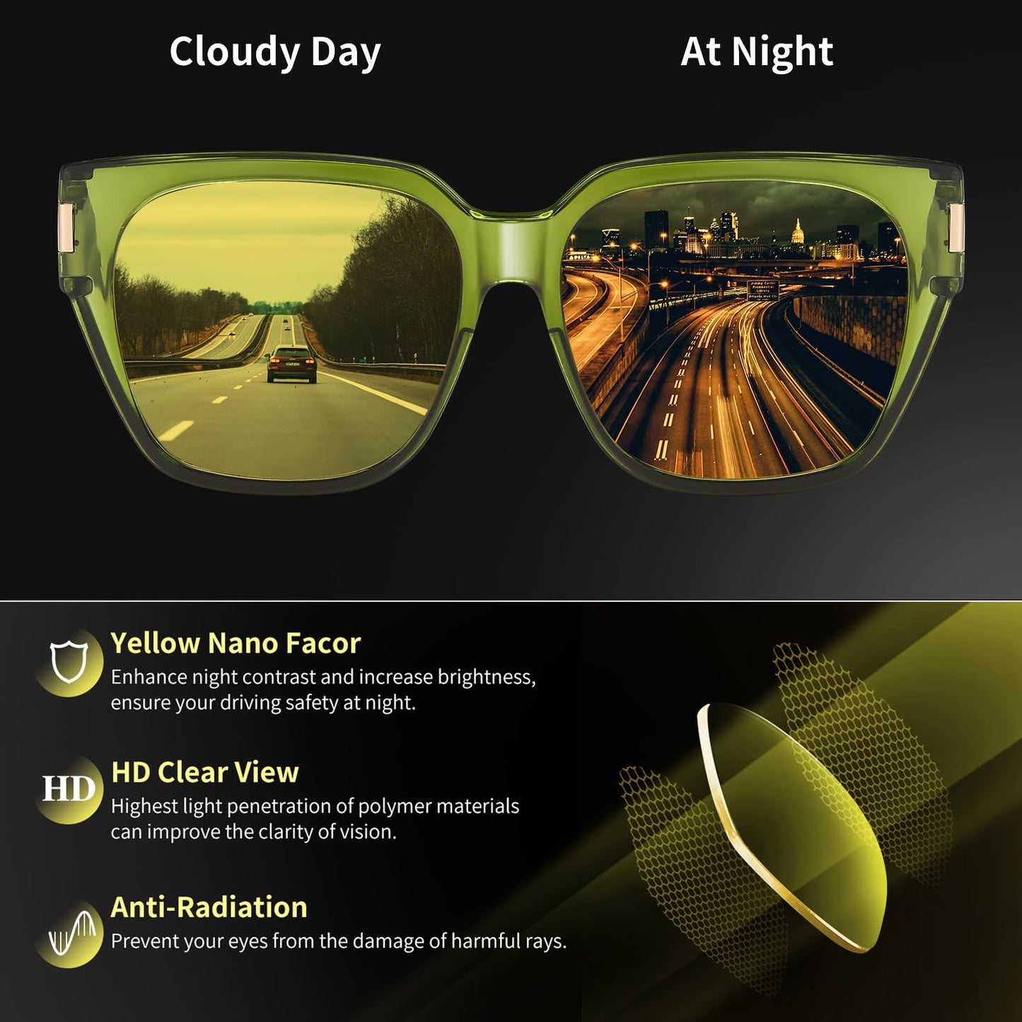 HAOLOTA Night Vision Driving Glasses Fit Over Glasses for Women Men, Anti Glare Polarized Nighttime Yellow Lens WN420