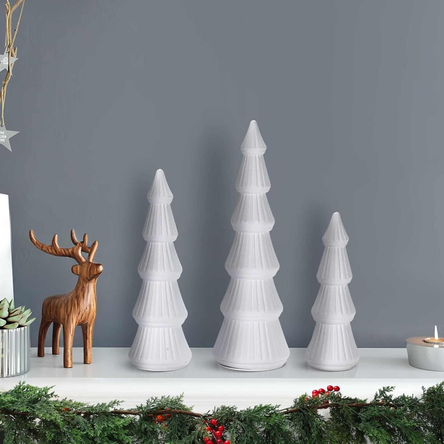 Wooden Christmas Tree Figurine, 3 Pcs Tabletop Xmas Tree, Christmas Centerpiece Decor for Home Entryway Mantel Shelf Table Fireplace Holiday (White-Wood) BST326H