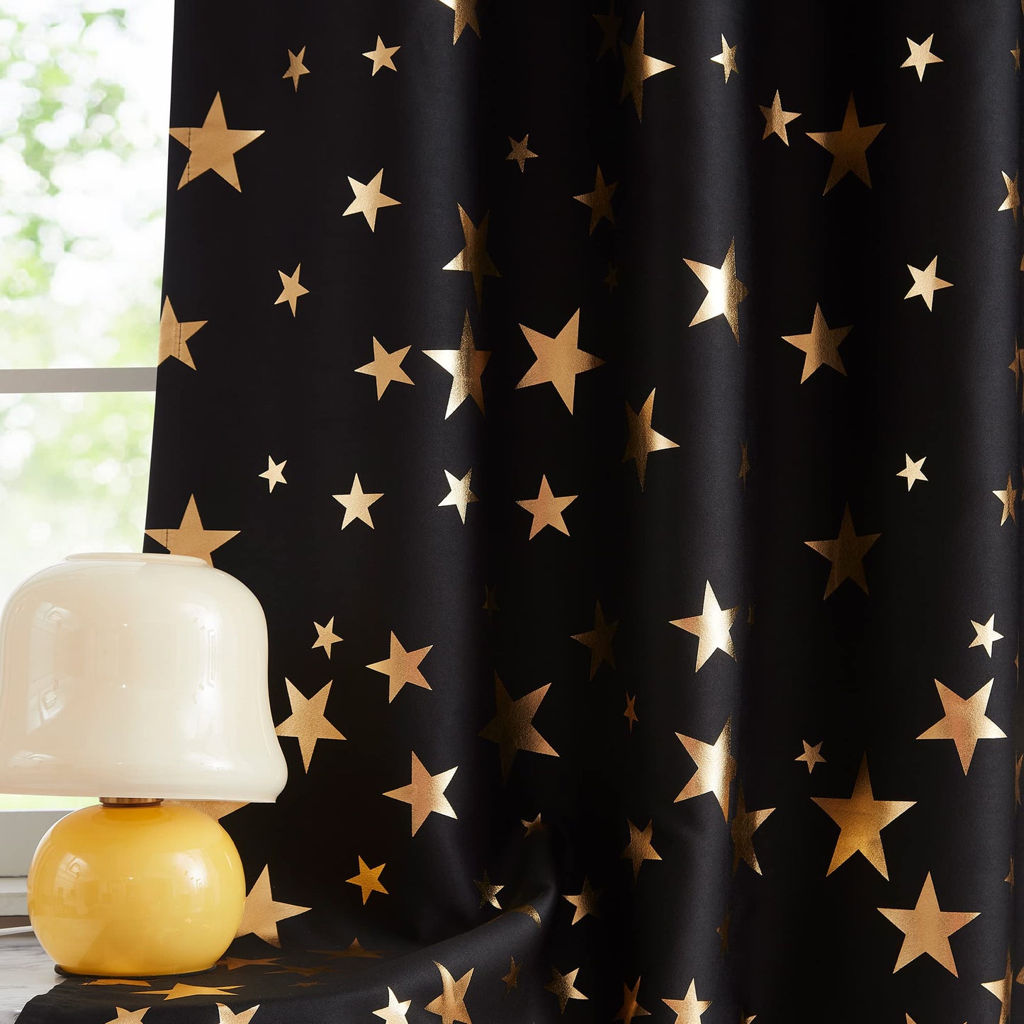 Treatmentex Gold Star Black Full Blackout Curtains for Boys Bedroom, Metallic Window Panels for Baby Nursery Room Grommet Top 2 pcs(Black Gold, 50x63in) BST202