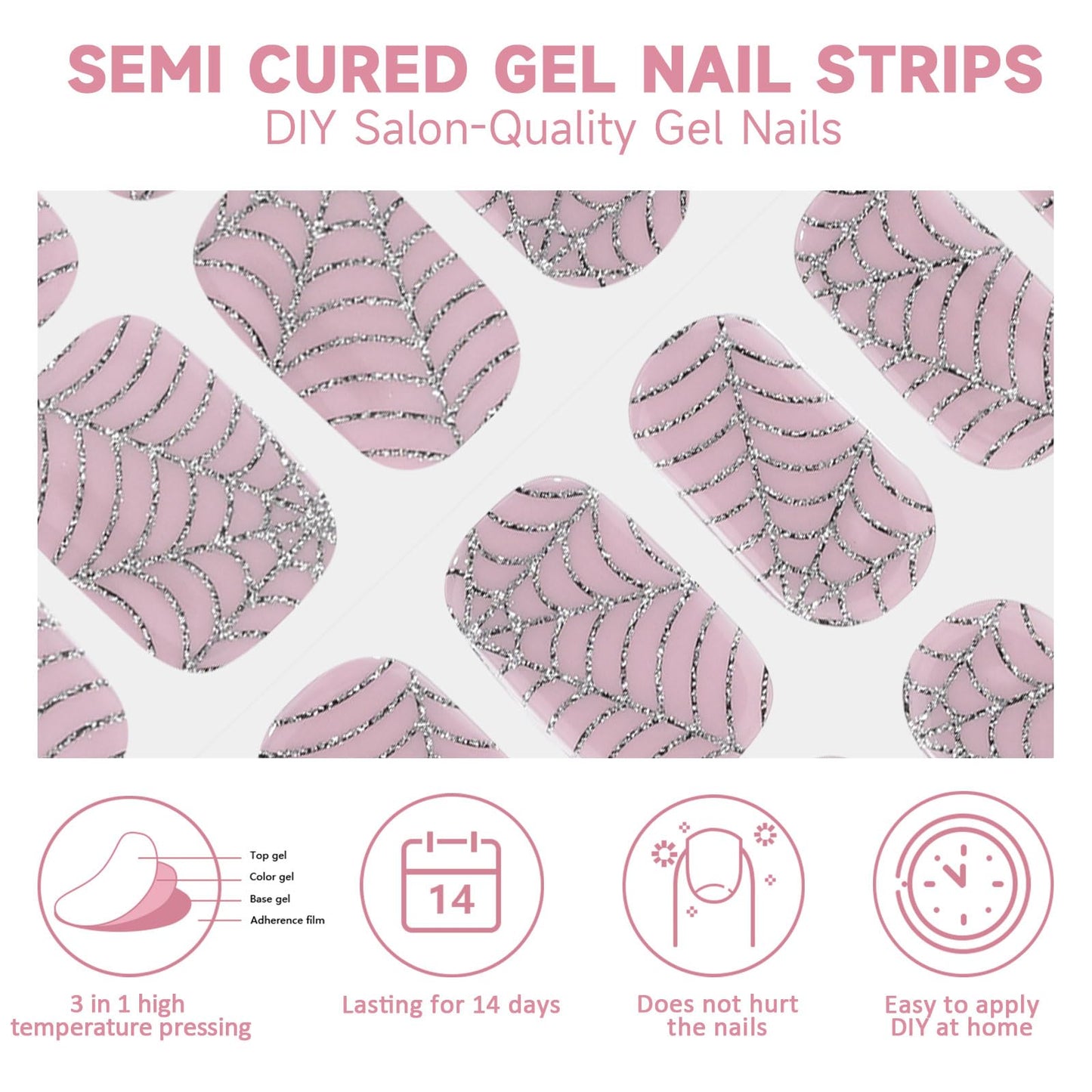 Semi Cured Gel Nail Strips, 56Pcs Nail Art Stickers/Wraps, Long Lasting UV Nail Polish Strips for Adults (Silver Rhinestones+French Tip Glitter) BST220