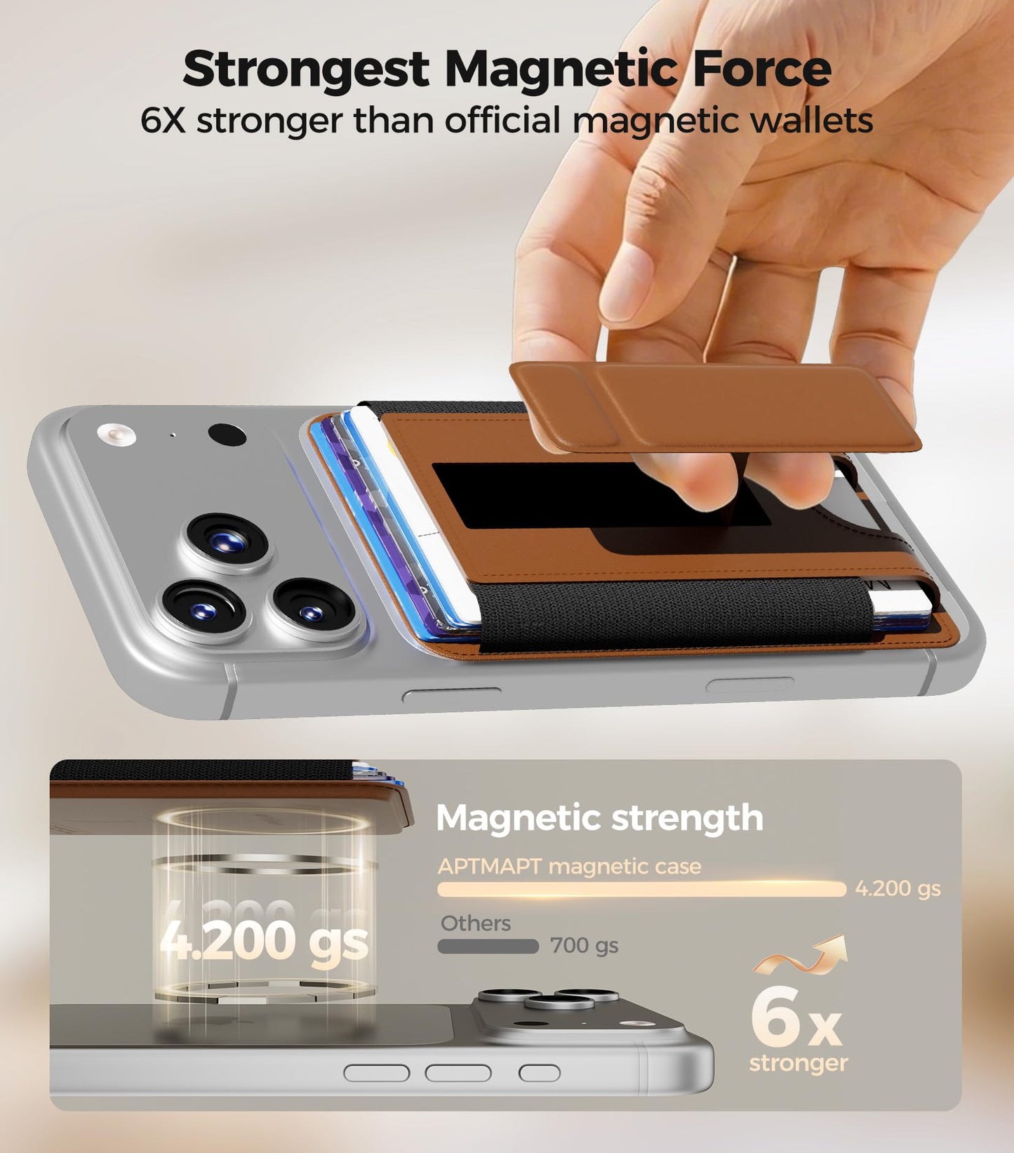 for MagSafe Wallet, Works with Apple Find My, 5-Card RFID Holder with Stand Also Grip, Strong Magnetic Wallet for iPhone 17/16/15/14/13/12 Pro Max Air Plus, Wireless Charging, Brown BST220