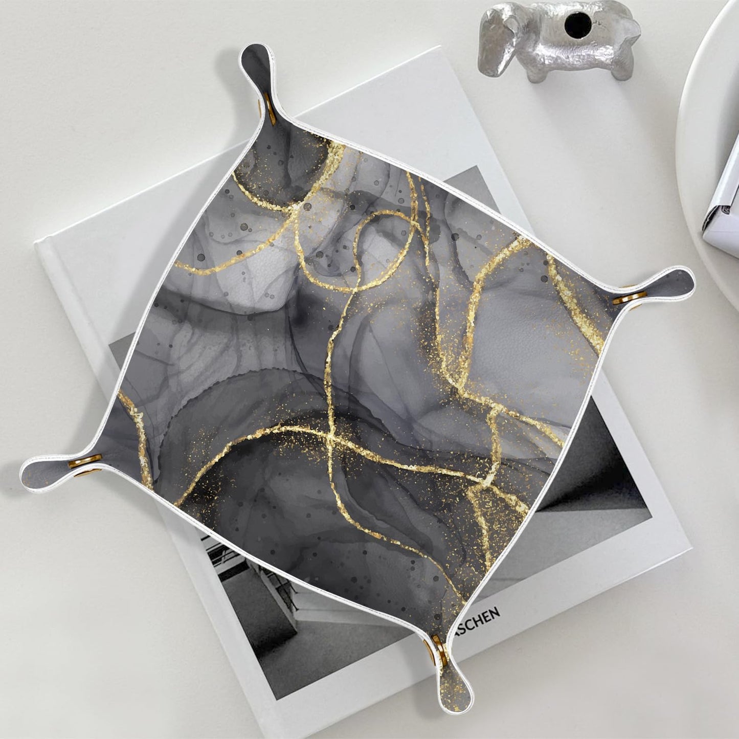 Marble Jewelry Valet Tray for Women Men, Black and Gold Marble PU Leather Catchall Beside Caddy Nightstand Organizer Tray for Jewelry Rings Watches Keys and Accessories, 7.87x7.87in BST220