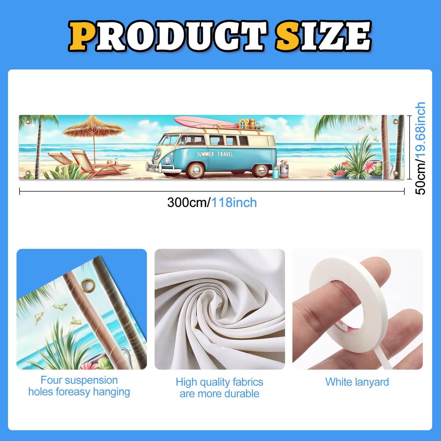 BlissYard Hello Summer Banner 118 x 20 Inch Pool Party Decorations Beach Surfboard Watermelon Tropical Fence Sign Hawaiian Luau Outdoor Backyard Wall Decor BST220
