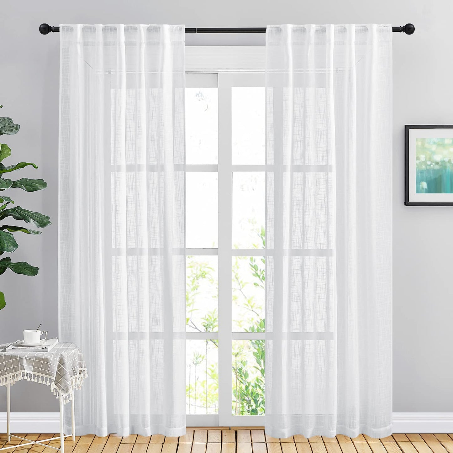 NICETOWN White Semi Sheer Kitchen Curtains 30 inch Length, Rod Pocket & Back Tab Faux Linen Blend Privacy with Light Filtering Window Drapes for Cafe, W34 x L30, 2 Panels BST220