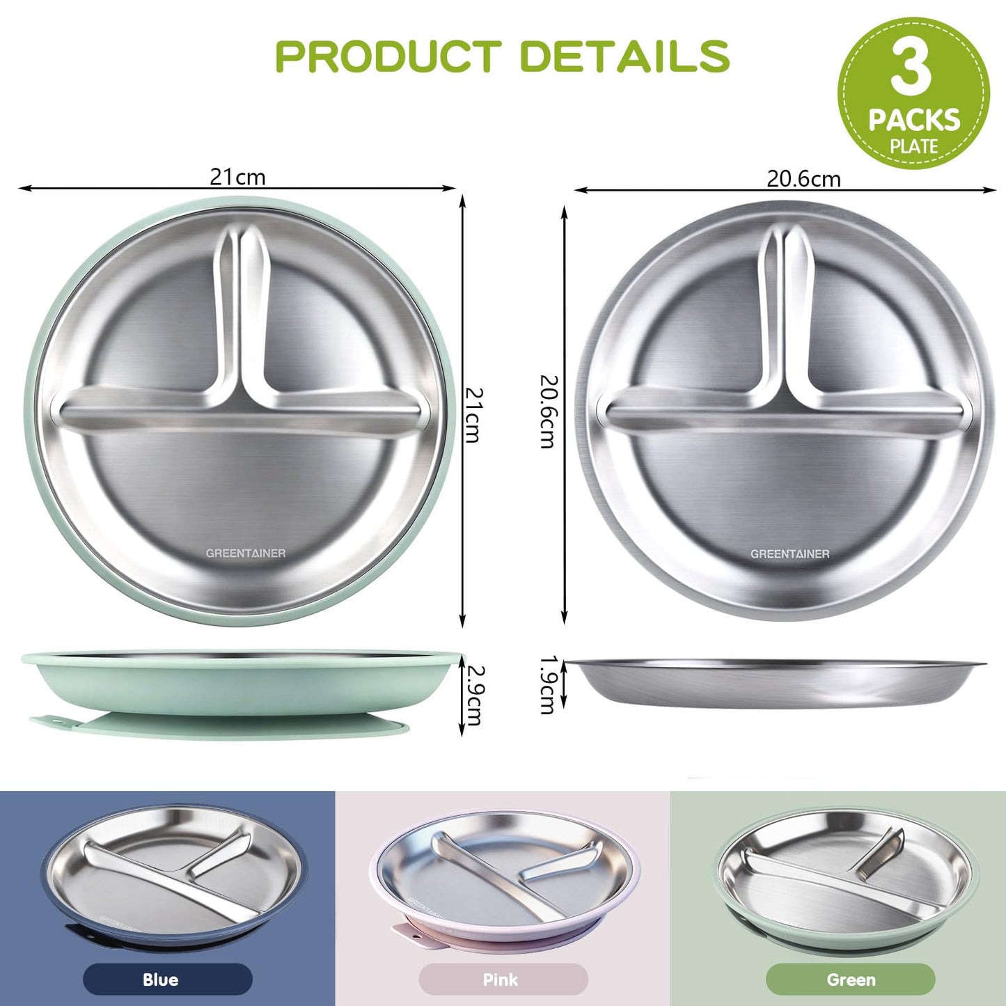 Greentainer 3 Pack Stainless Steel Baby Plates with Suction, Divided Toddler Plates with Removable Silicone Sleeves, Unbreakable Kids Dishes for Dinner & Snack, Non-Toxic, Dishwasher Safe BST326H