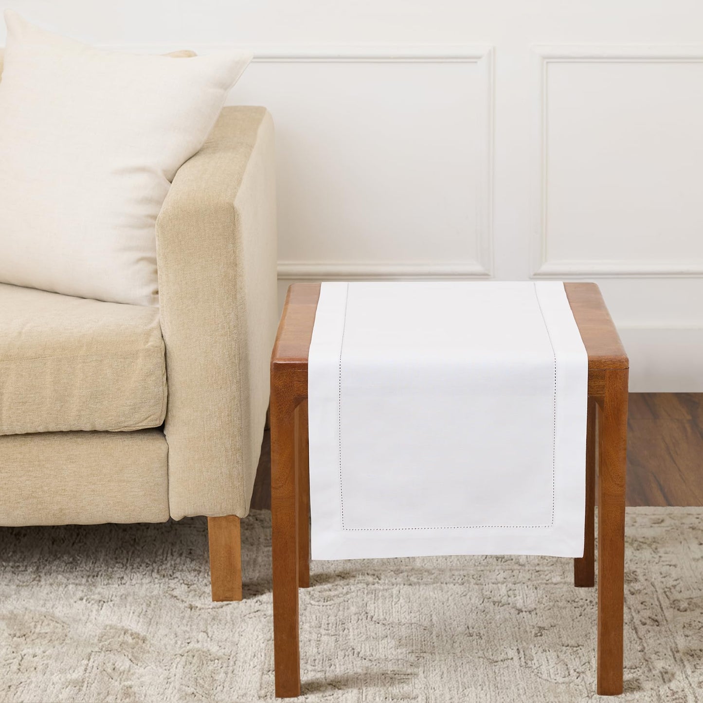 Solino Home 100% Pure Linen Table Runner Garden Green Hemstitch, 14 x 48 in | Classic Hemstitch Table Runners for dining, hallway and console table styling | hand hemstitched borders | OEKO-TEX Certified BST326SOLH