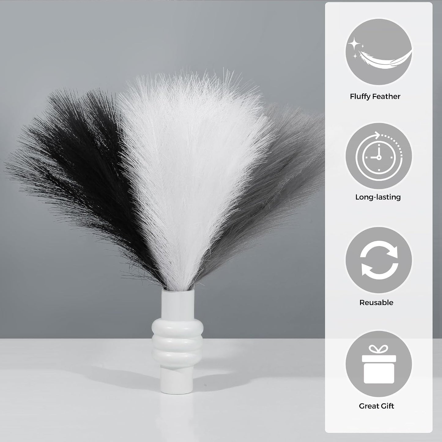 Black Pampas Grass Decor, 17.7 Inch 6pcs for Home Wedding Party, Small Vase | Artificial Pampas Grass in Fluffy Grey and White Short Stems, Durable No Shedding, Vase Filler for Table Centerpieces BST202