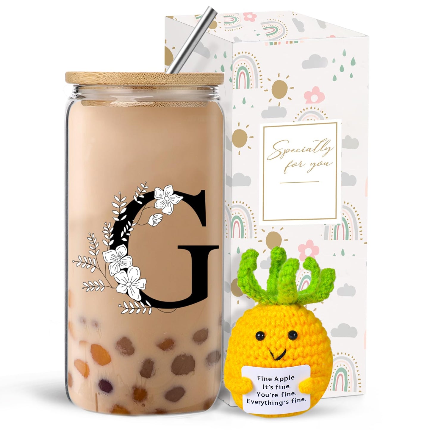 Monogrammed Initial Glass Cup with Lids and Straws gift for Women | Personalized Gift Set with Doll, 16 Oz Ice Coffee Cup ,reusable glass tumbler,Birthday Christmas Gift for Her,U WN420