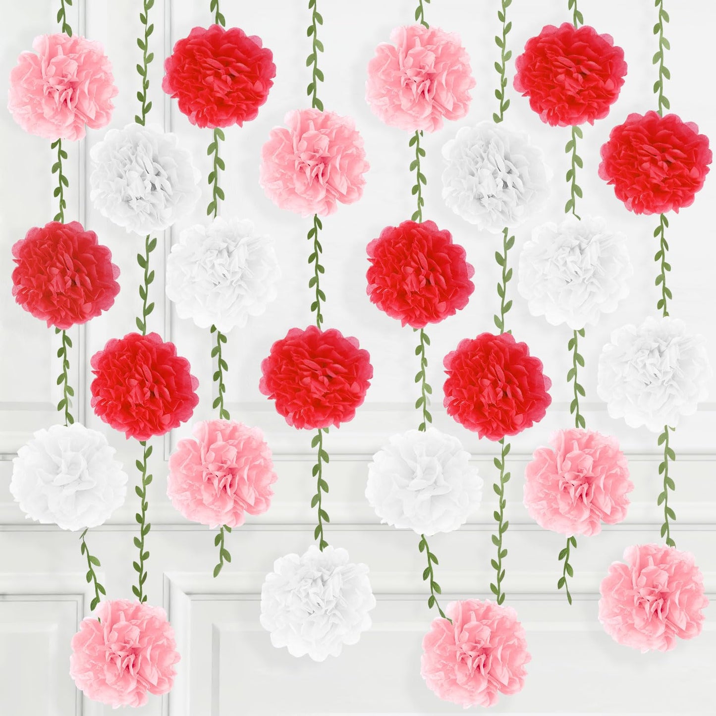 kreat4joy 4pack Pink Purple Tissue Paper Pom Poms Flowers Garland Leaf Ribbon 98.42inches Pre-Strung Reusable Ceiling for Birthday Baby Shower Wedding Bridal Shower Home Event Wall Party Decoration BST220