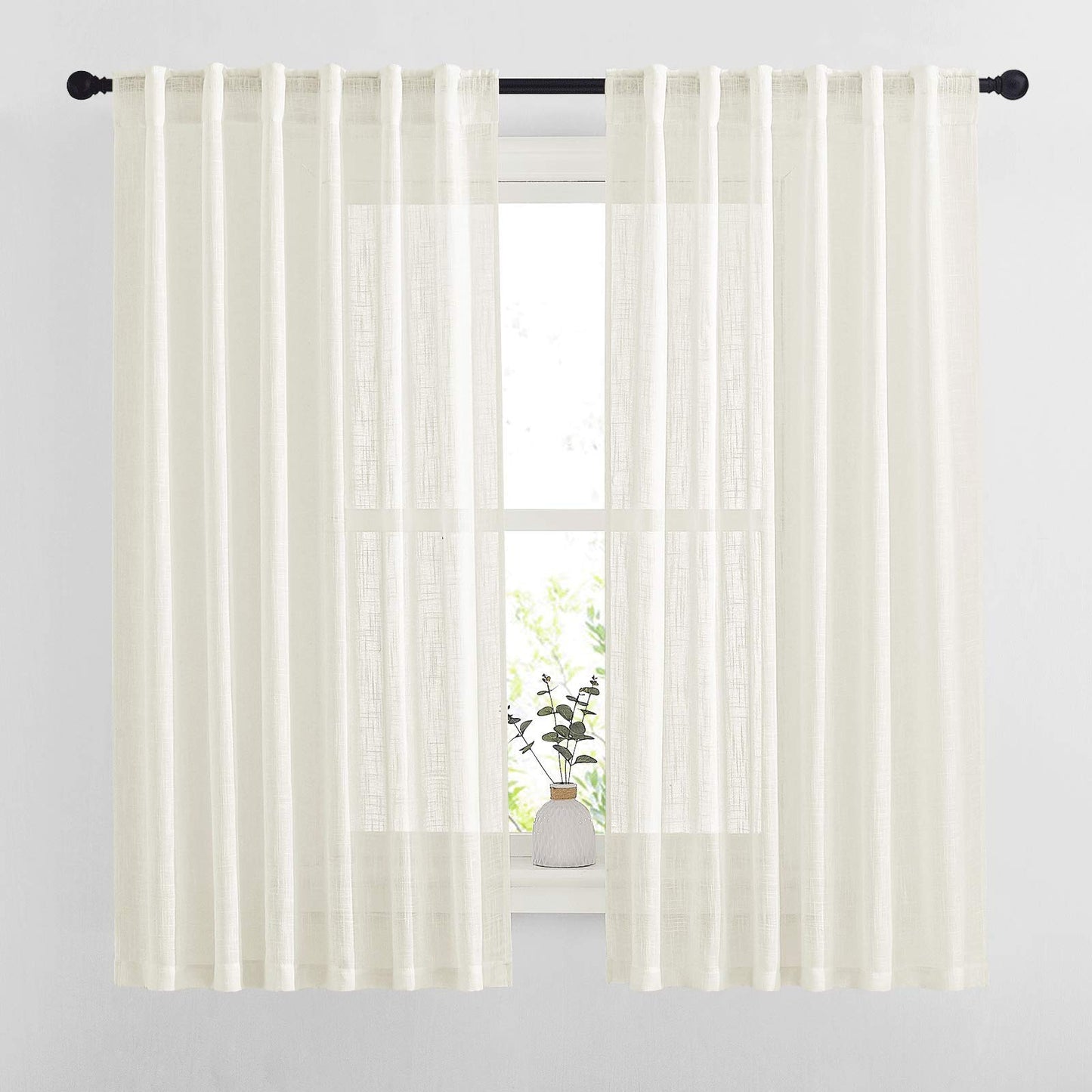 NICETOWN White Semi Sheer Kitchen Curtains 30 inch Length, Rod Pocket & Back Tab Faux Linen Blend Privacy with Light Filtering Window Drapes for Cafe, W34 x L30, 2 Panels BST220