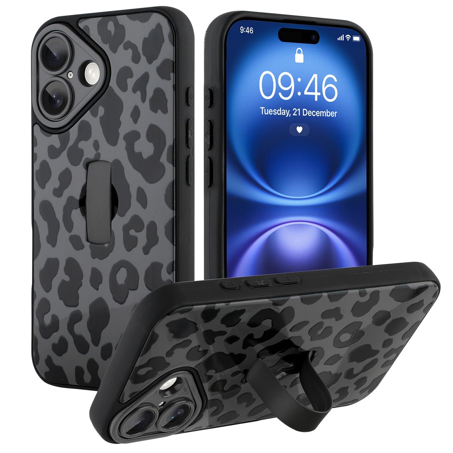 Compatible with iPhone 13 Case, Cute Cheetah Leopard Pattern | Built in Adjustable Wrist Strap Grip Hand Holder Stand Shockproof Kickstand Cover for Women Girls (Black White) WN420