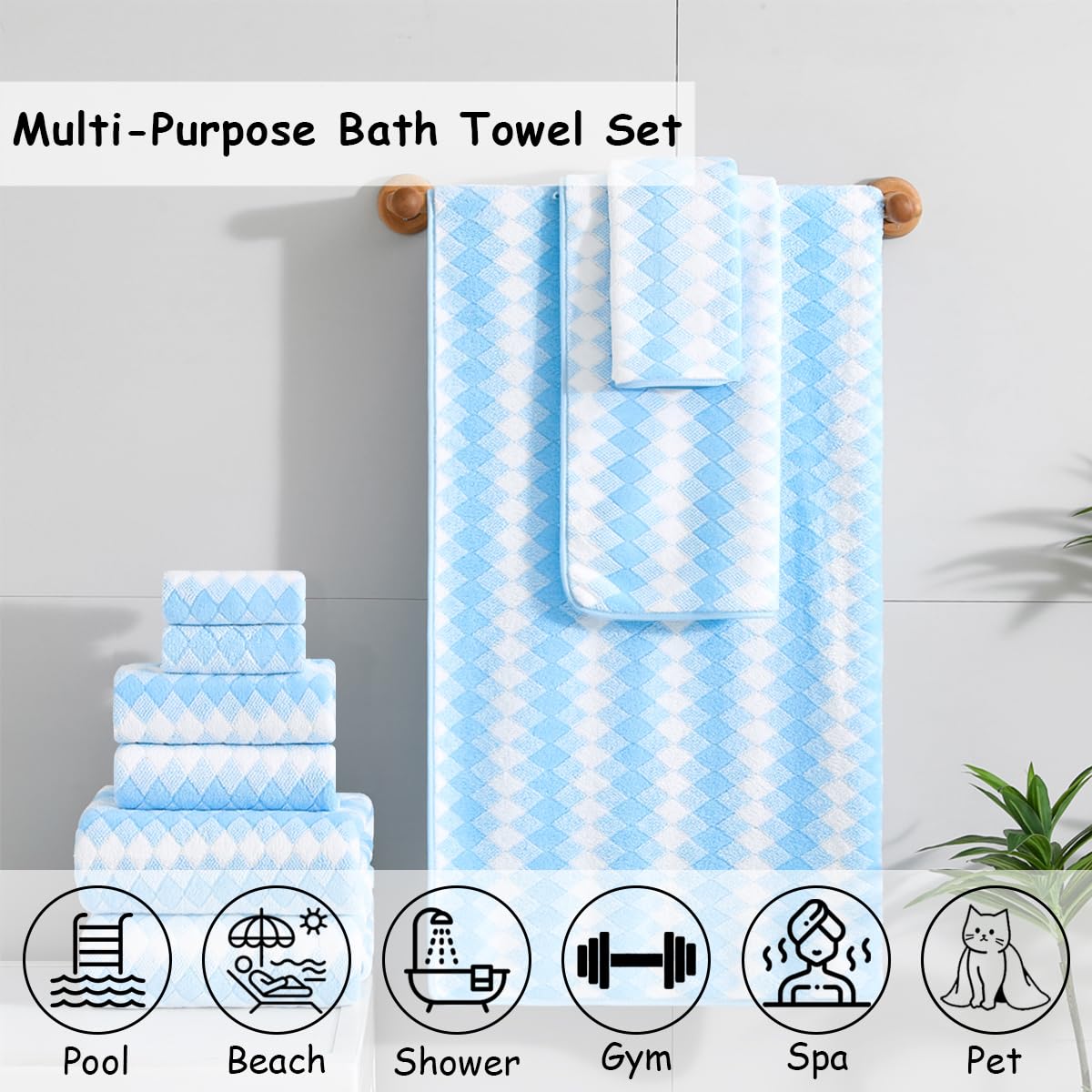 12 Pcs Light Gray Diamond Towel Set-4 Bath Towels,4 Hand Towels,4 Washcloths Soft Polyester Towels with Loop Absorbent Shower Towel Quick Dry Beach Chair Towel Family Towels for Bathroom Spa Gym Pool BST220