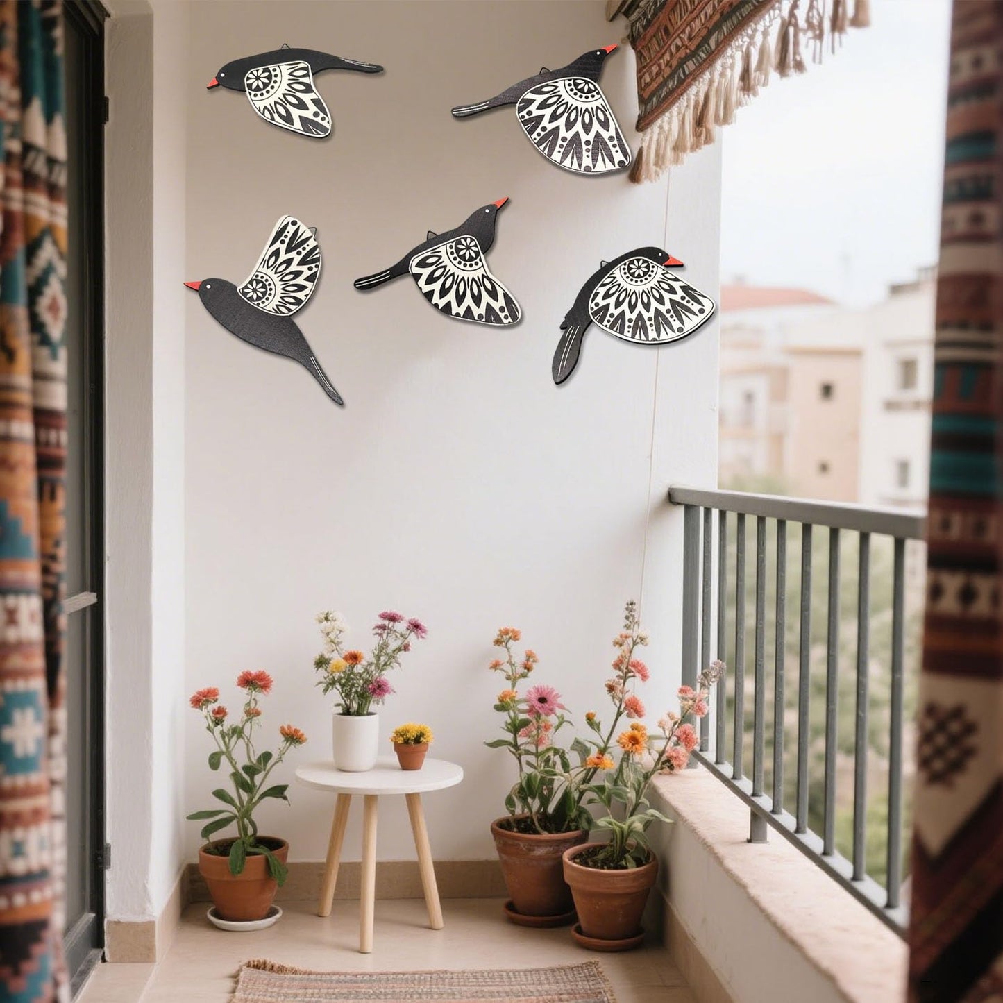 EMINGSKY 5 Pcs Wooden Bird Wall Art Wood Flying Birds Wall Decor Boho Rustic Folk Art Home Decor for Gift Living Room Bedroom Kitchen Office(Black) BST326H