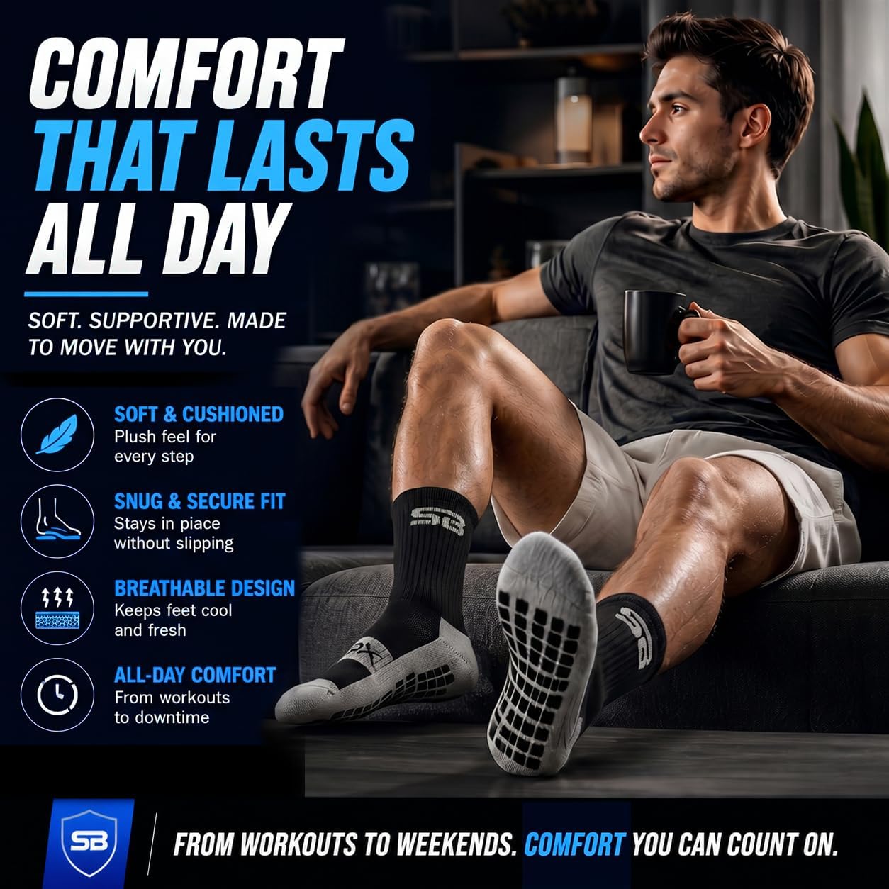 SB SOX 2-Pair Grip Socks for Men – Non Slip Athletic Traction Socks for Soccer, Gym, Pilates, Training & Everyday Wear WN420