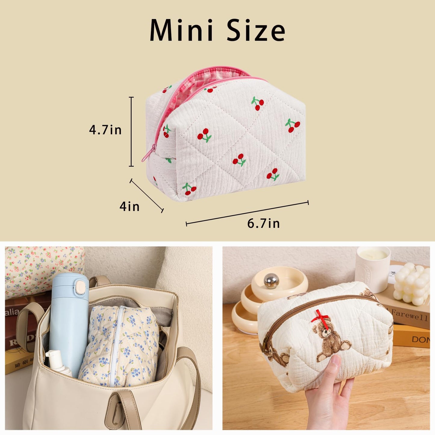 Cute Small Floral Cotton Makeup Bag, Quilted Zipper Pouch with Coquette Bear for Women and Girls, Kawaii Travel Cosmetic Bags for Purse(07Yellow and Pink Flower) BST220