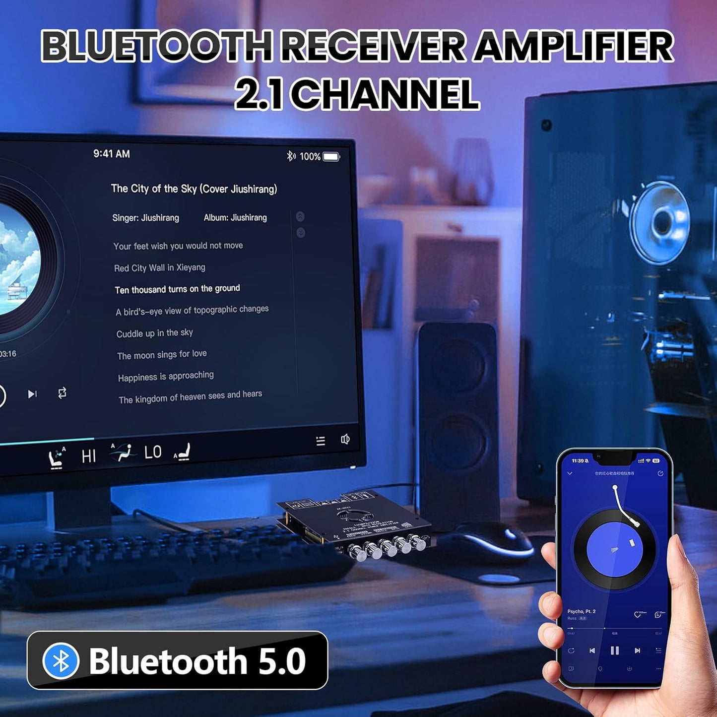 ZK-HT21 Bluetooth Amplifier Board 160W×2+220W Subwoofer 2.1 Channel Audio Amplifier Bluetooth Module with Treble and Bass Control,AUX/Bluetooth/USB Inputs for Passive Speakers