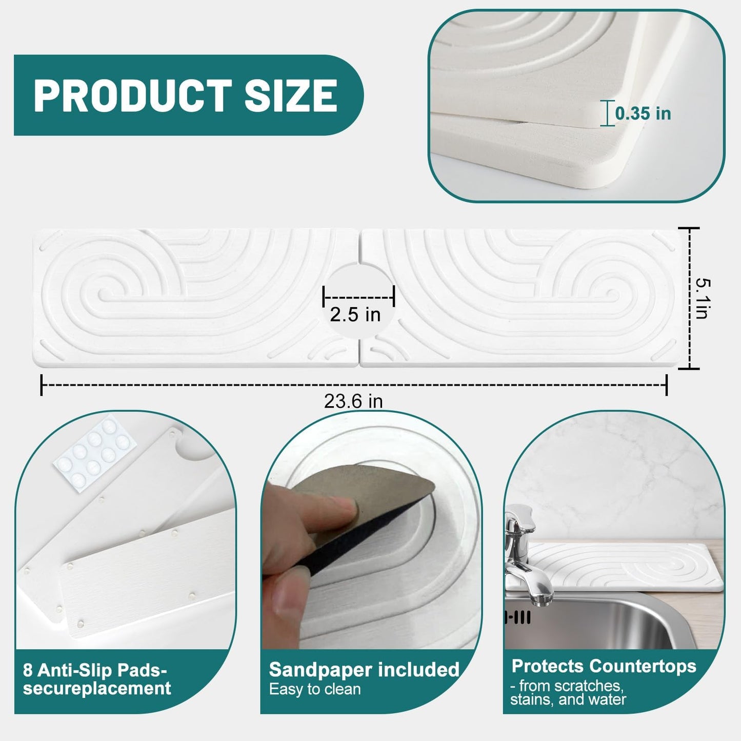 Hopegiver Stone Faucet Mat for Kitchen Sink - Fast Drying Diatomite Sink Protector Prevent Moisture, Super Water Absorbing Stone Tray for Kitchen & Bathroom Counter (White, 15.7"x3.9") BST326H